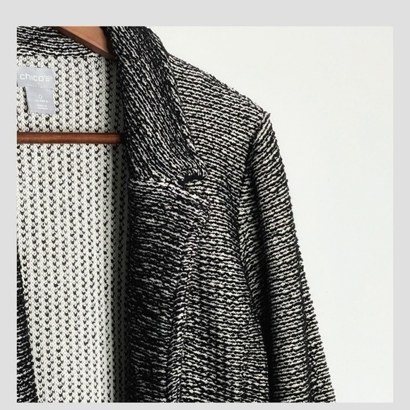 Chicos Blazer Jacket Shacket Long Line Black White Frayed Hem Button Front Sz 0 - Picture 7 of 10